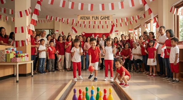 Anak bermain bowling botol mini sebagai permainan 17 Agustus yang aman dan melatih koordinasi gerak tubuh.