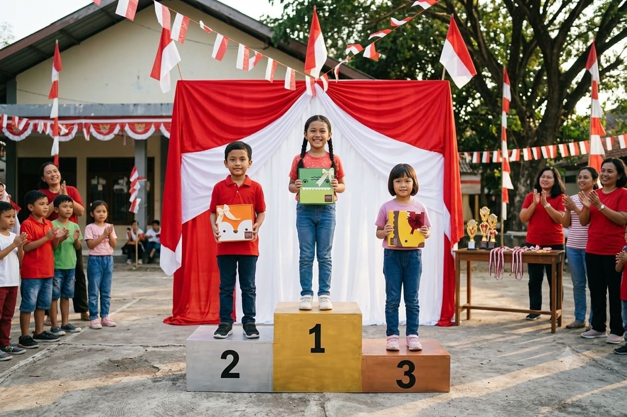 Anak-anak tersenyum bahagia menerima hadiah lomba 17 Agustus yang edukatif setelah mengikuti berbagai perlombaan Hari Kemerdekaan.