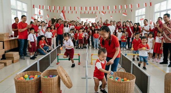Anak-anak mengikuti permainan estafet bola warna sebagai lomba 17 Agustus yang melatih koordinasi tubuh dan kerja sama tim.