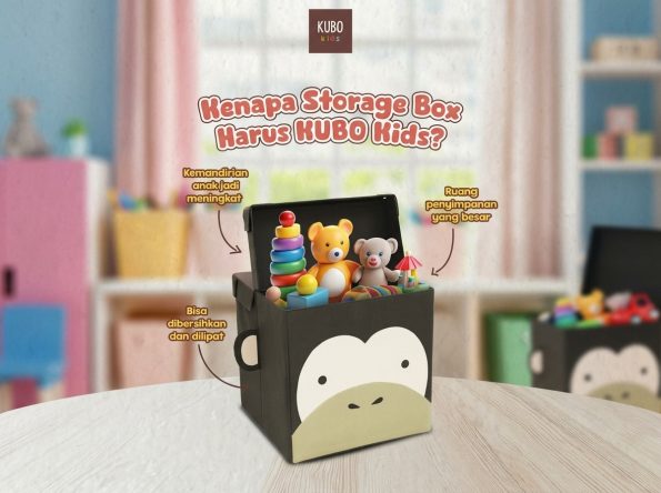 Kotak penyimpanan mainan anti air KUBO Kids dengan desain lucu untuk menyimpan boneka, balok susun, buku, dan berbagai mainan anak.