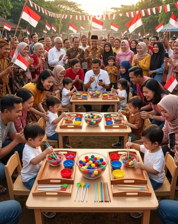 Anak-anak mengikuti lomba Memindahkan Pom-Pom dengan sumpit di lomba 17 Agustus yang melatih koordinasi tubuh.