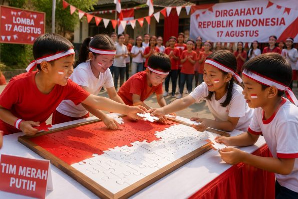Anak-anak mengikuti lomba menyusun puzzle bendera Merah Putih sebagai fun games 17 Agustus yang melatih kerja sama, konsentrasi, dan kemampuan berpikir.