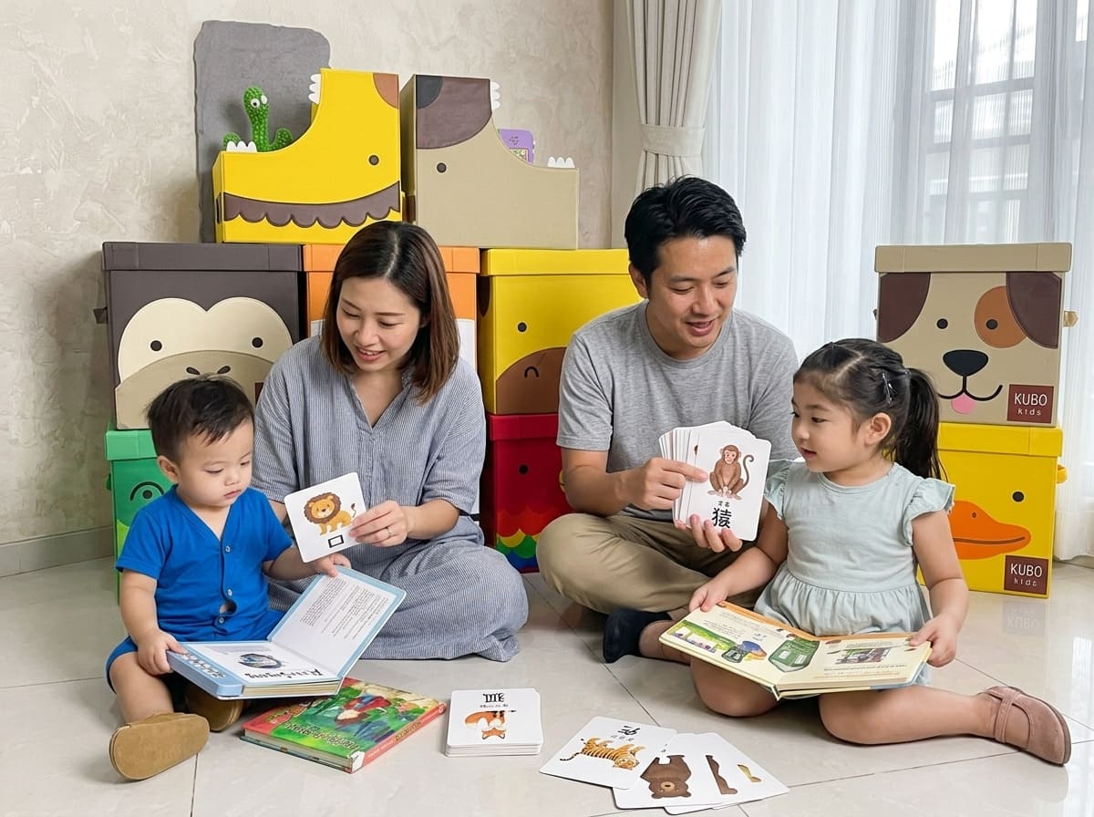 Orang tua mengenalkan kosakata hewan bahasa Jepang kepada anak menggunakan flashcard bergambar sebagai media belajar interaktif.