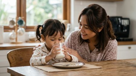 Anak usia sekitar dua tahun minum susu menggunakan gelas sambil didampingi orang tua sebagai bagian dari proses transisi lepas botol dot.