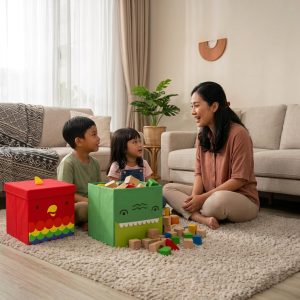 Orang tua mengajak balita berbicara sambil bermain balok edukatif untuk membantu melatih kemampuan artikulasi dan perkembangan bahasa anak.