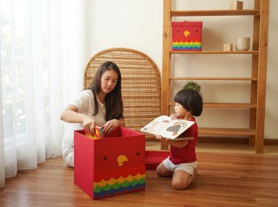 Anak merapikan mainan ke dalam kotak penyimpanan lucu anti air KUBO Kids yang aman, ringan, dan mudah dibersihkan.