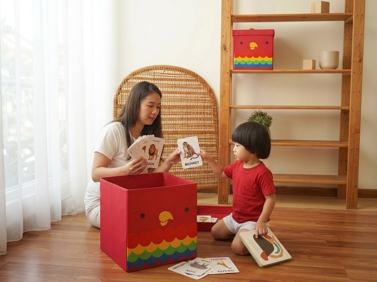 Orang tua mengajarkan 10 kosakata hewan bahasa Inggris kepada anak menggunakan flashcard bergambar sebagai media belajar yang menyenangkan.