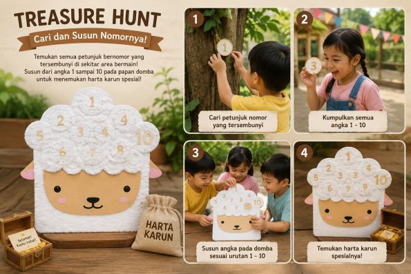 Permainan Treasure Hunt 17 Agustus untuk anak dengan mencari dan menyusun angka yang melatih motorik, konsentrasi, kemampuan berhitung, dan kerja sama