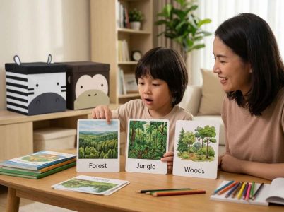 Anak belajar perbedaan forest, jungle, dan woods menggunakan kartu bergambar bersama orang tua.