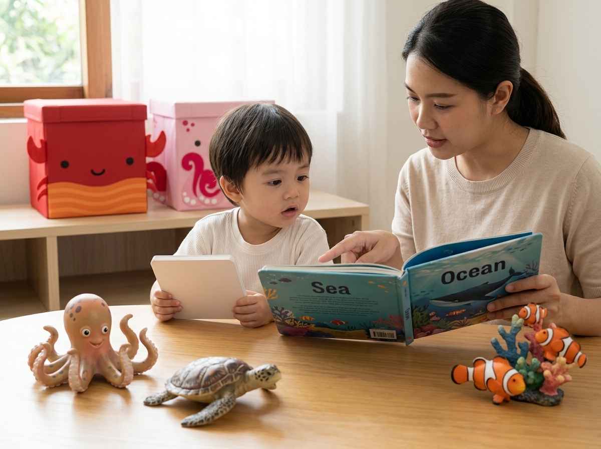 Anak belajar bahasa Inggrisnya laut menggunakan flashcard sea dan ocean bersama orang tua.